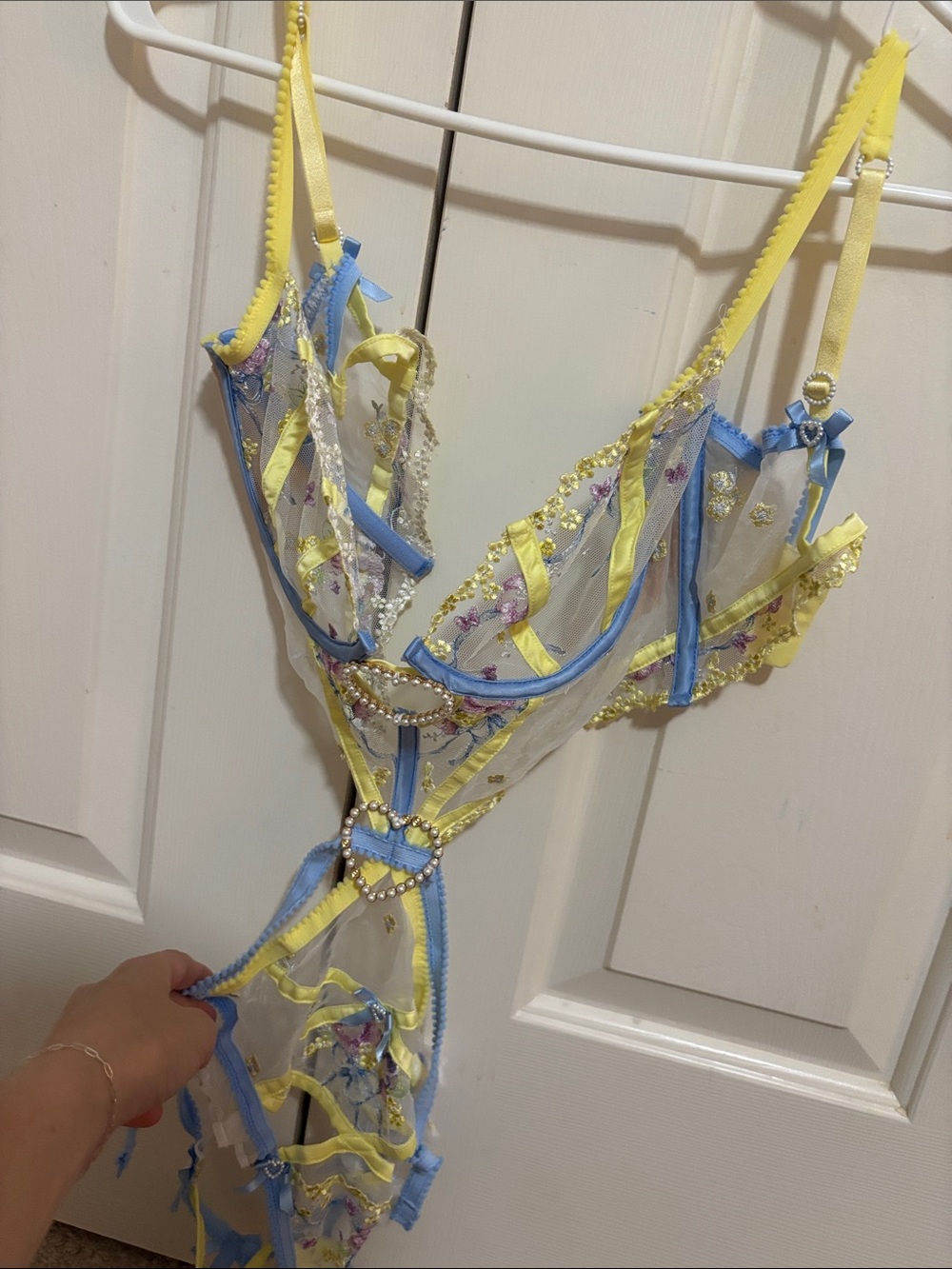 Victoria's Secret Sheer Floral Lace Teddy in Yellow & Pale Blue
